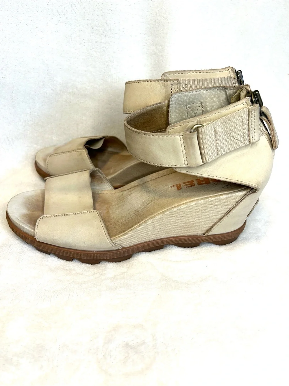 Sorel Joanie II Taupe Leather Wedge Platform Sandals Ankle Strap Women 8.5
